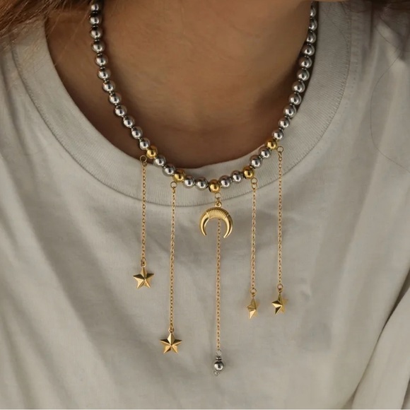 Celestial Star & Moon Beaded Necklace | 18K Gold Plated Stainless Steel - Picture 3 of 3